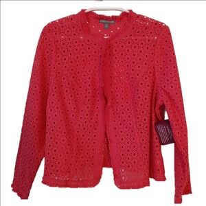 Jessica London Eyelet Lace Jacket Women 18W Red Fringed Open Front Cotton NWT
